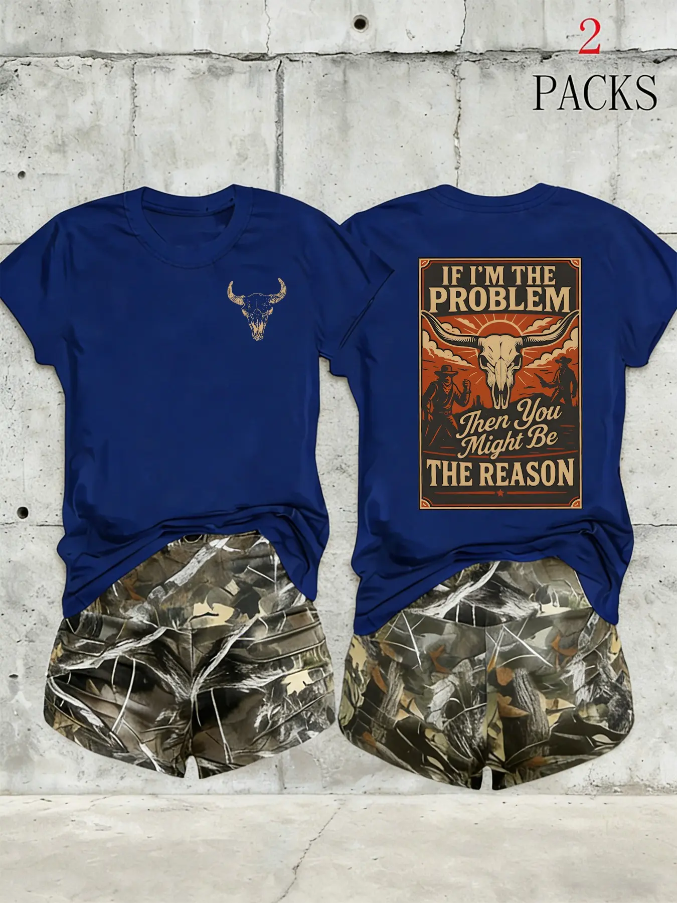 Women's Western Cowboy 2-Piece Outfit, Print Set, 'If I'm The Problem' Graphic Round Neck T-Shirt & Camo Shorts Set, Western Loungewear Vibe, Comfortable Summer Set for Country Lovers, Womenswear