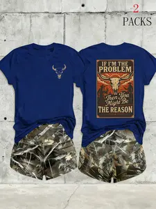 Women's Western Cowboy 2-Piece Outfit, "If I'm The Problem" Graphic Round Neck T-Shirt & Camo Shorts Set, Casual Short Sleeve Tee and Camouflage Shorts, Western Style Loungewear Vibe, Comfortable Summer Matching Set for Country Lovers, Womenswear.