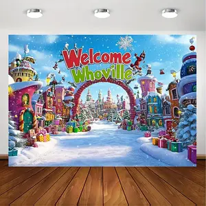 Whoville Christmas Village Polyester Backdrop, 70.8x90.5in Large Santa Sleigh Themed Snowy Scene Cloth, Party Decoration Supplies, Photo Props for Shoots, Home & Outdoor Decor