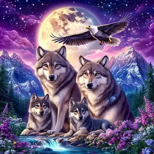 DIY 5D Diamond Painting Kit, Wolf Family Under the Moon Theme, Complete Mosaic Art Craft for Home Wall Decor and Handmade Gifts