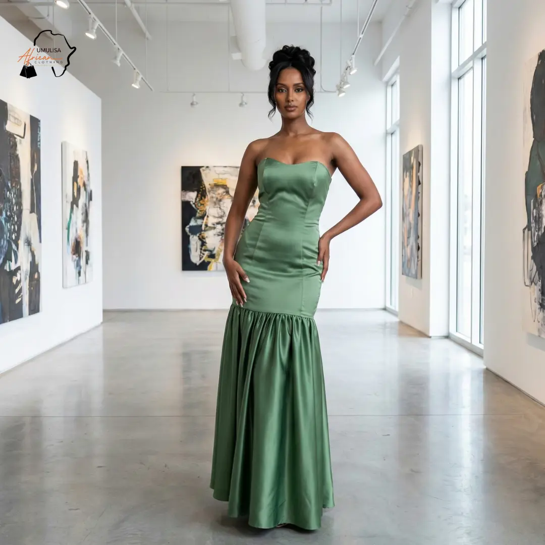 Women's Elegant Green Satin Mermaid Maxi Dress - Strapless African Formal Wear Gown with Style, Reflective Touch, Elegance, Comfortable Fit (Sunrise Grace), Fabric, Sleeveless, Statement, Evening Wear, Satin Fabric, Maxi Gown