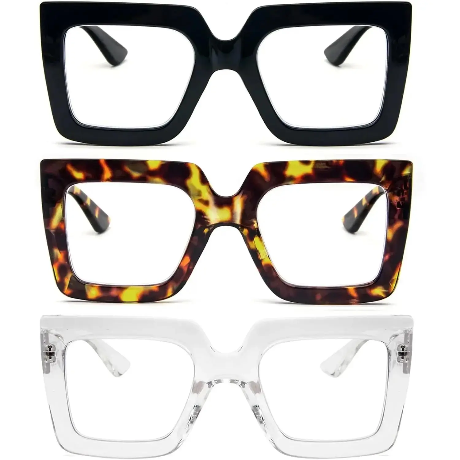 3 Pack Oversized Reading Glasses for Women Large Frame Extra Wide, Blue Light Blocking Stylish Thick Square Readers