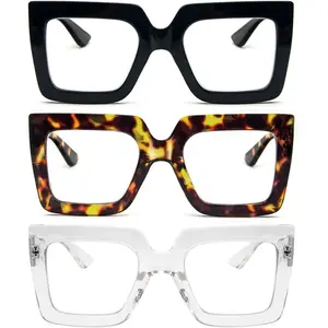 3 Pack Oversized Reading Glasses for Women Large Frame Extra Wide, Blue Light Blocking Stylish Thick Square Readers