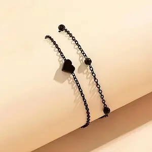 Two-piece Set of Black Love Bean Chain Anklets, Gothic Style for Daily Wear and Celebration