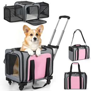 Rolling pet transport box with wheels, expandable rolling pet box - dual-sided design transport box that can be carried crossbody or handheld (with dual-sided cushion) Suitable for pet travel bags for dogs, usable in both winter and summer seasons