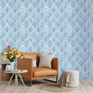 Blue Watercolor Moroccan Bohemian Arch Pattern Wallpaper, PVC Adhesive Back, Easy Peel & Stick, Kitchen/living Room/bedroom Decor