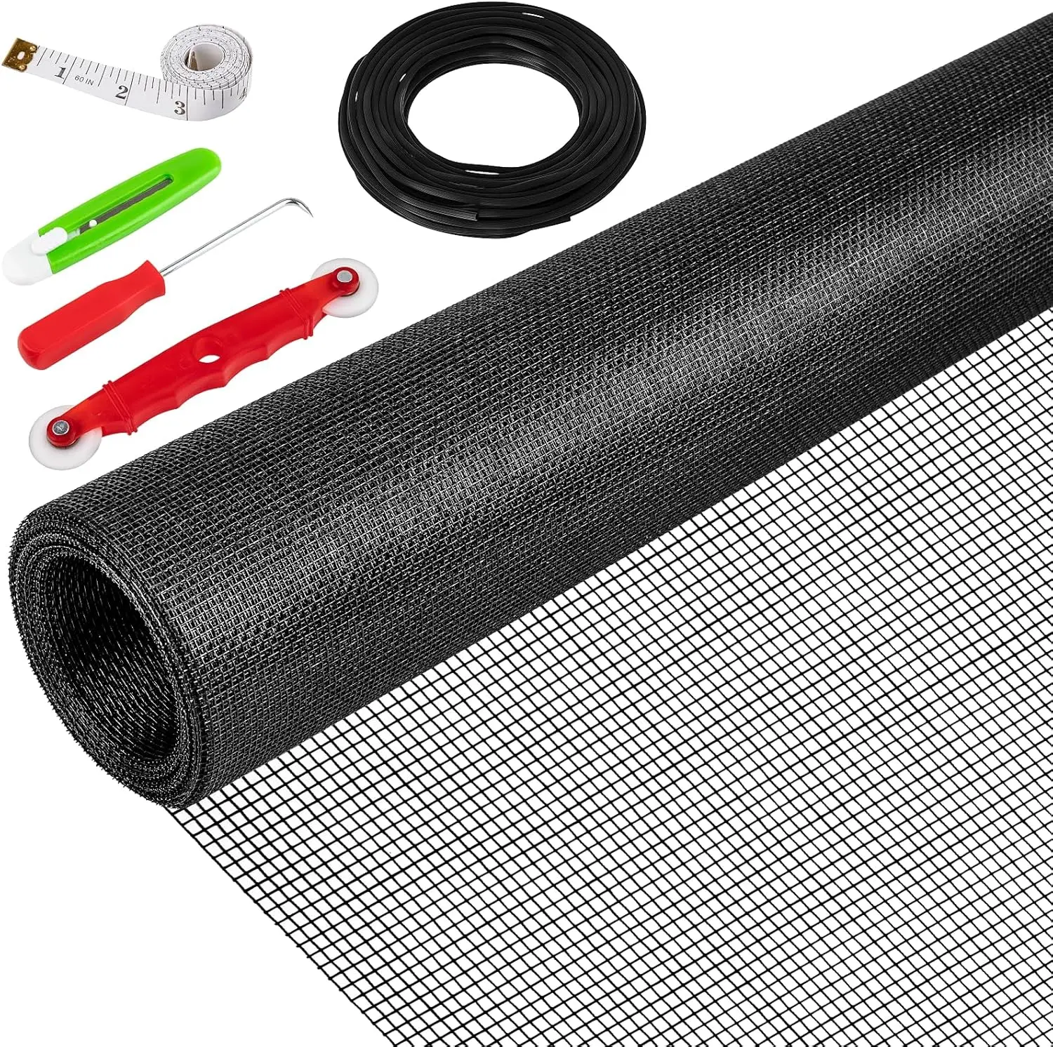 48"X236" Window Screen Replacement Kit, 6 in 1 Window Screen Door Repair Kit, Replacement Window Screens, Fiberglass Patio Screen Mesh for Porch Sliding Door, Rolling Tool Hook Spline  Ruler