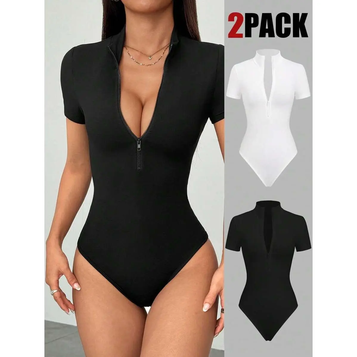 2pcs Black & White Zip-Up Collar Short Sleeve Bodysuit, High Stretch Soft Fabric, Fashionable Minimalist Design, Casual Sporty Everyday Wear For Women, Spring/Summer