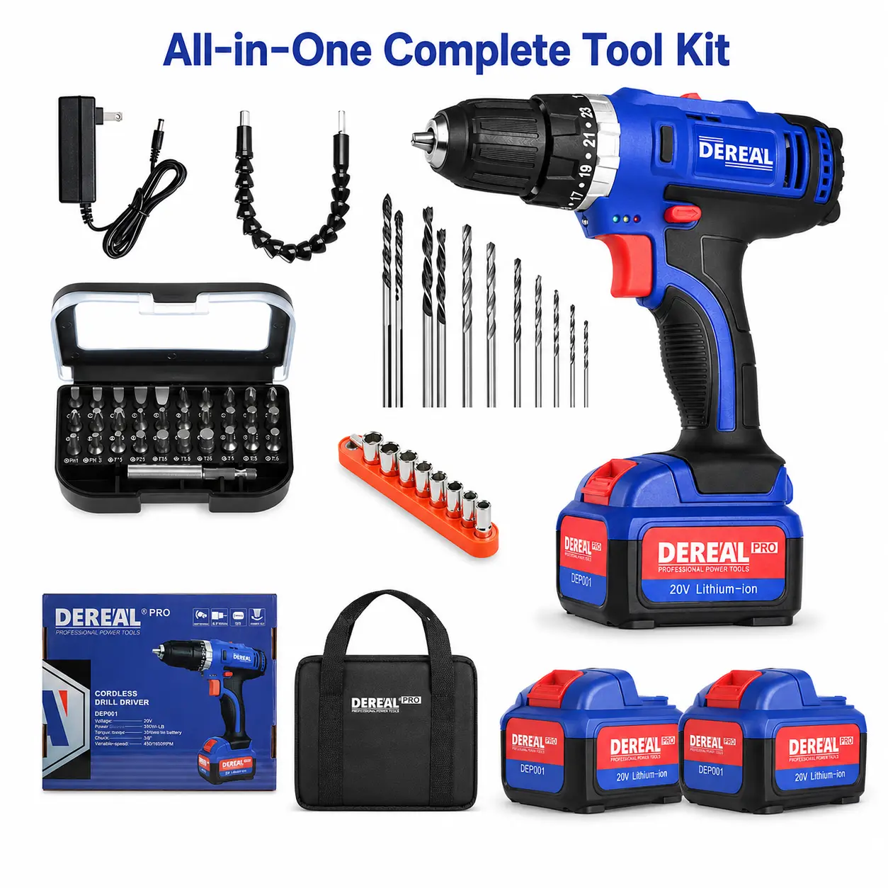 DEREAL 20V Cordless Drill Driver Kit with 2 Batteries, 25+1 Torque Settings, 2-Speed 3/8-Inch Keyless Chuck, LED Light, Drill Bits, Driver Bits, Sockets and Carry Bag for Home DIY & Furniture Assembly