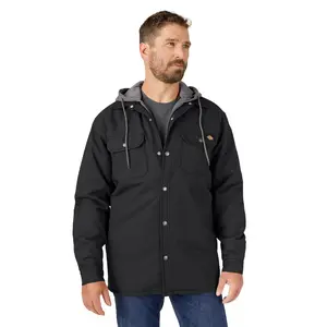 Dickies Men's Water Repellent Duck Fabric Hooded Jersey Shirt Jacket - Black DWR Finish, Soft Plain Long Sleeves, Hood Detail, Medium Length, Chest & Side Pockets, Casual Relaxed Fit, Durable Full-Zip Menswear Coat, Longsleeves