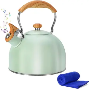 Stovetop Tea Kettle, 2.6 Quart Cute Loud Whistle Teapot, Food Grade Stainless Steel with Folded Wood Grain Handle, Mint Green, Comes with Anti-Scald Towel