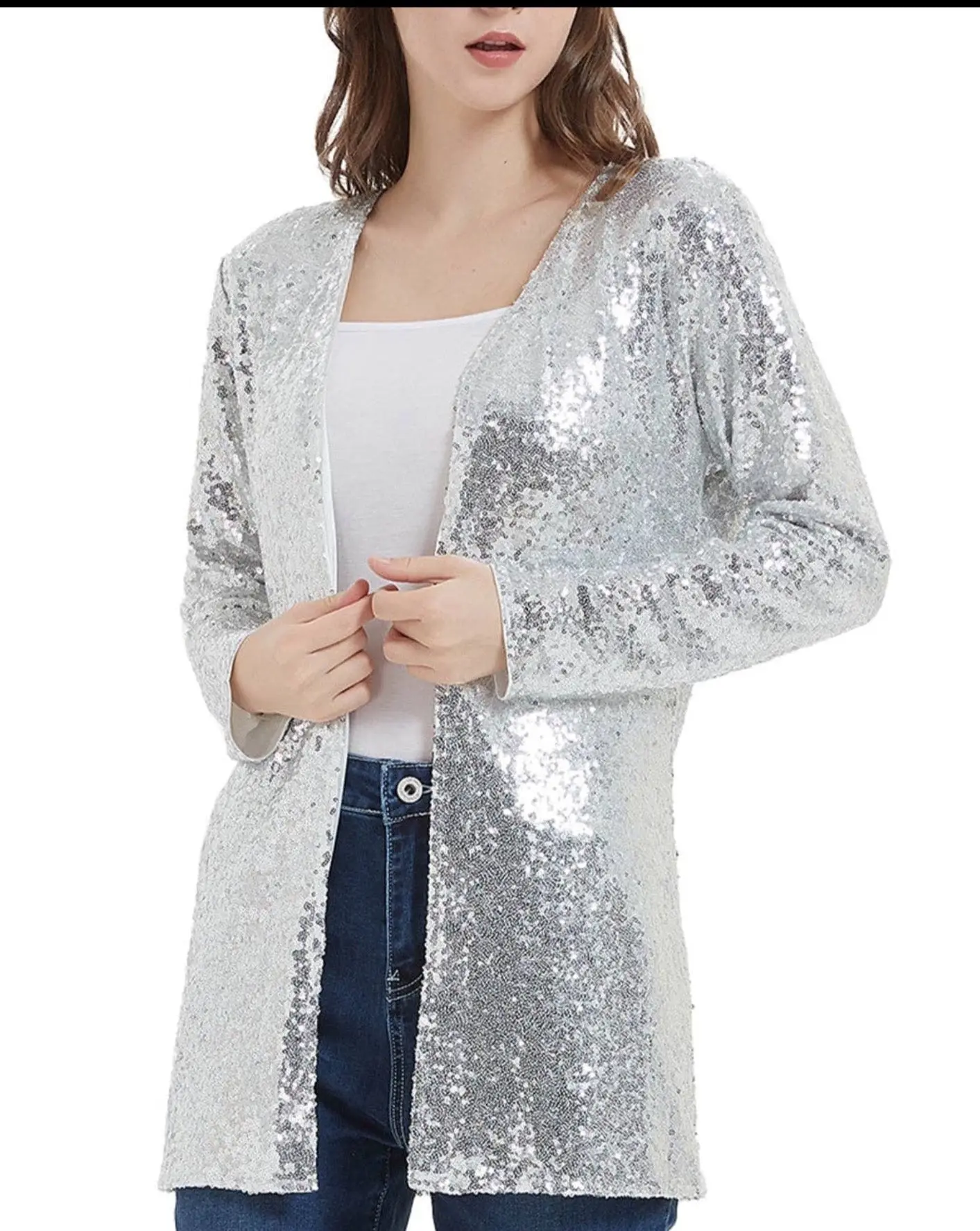 SILVER SEQUIN "BREAKAWAY" CARDIGAN FULLY LINED | Small Only!