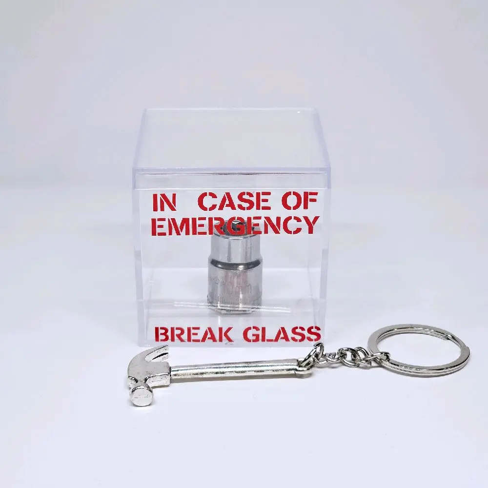 In Case of Emergency Car Enthusiasts Gag Gift, 10mm Socket with Hammer Keyring Attachment, Clear Glass Case, and Red Warning Text