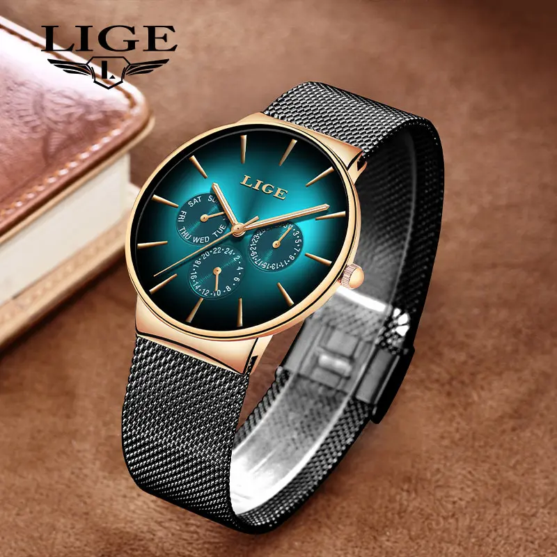 LIGE Men's Watch, Modern Quartz Timepiece with a Blue Mesh Metal Strap, Slim 40mm Stainless Steel Case with Casual Round Dial, 30M Waterproof, Casual Fashion Watch, Quartz Wristwatch, Men's Watches