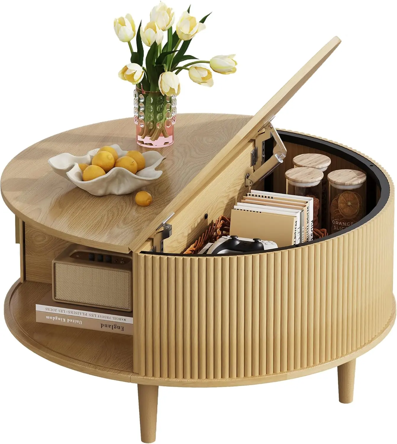 WLIVE Coffee Table, 31.5" Round Coffee Tables with Storage and Sliding Cabinet Door, Mid Century Modern Fluted Center Table for Living Room, Small Space, Natural Oak