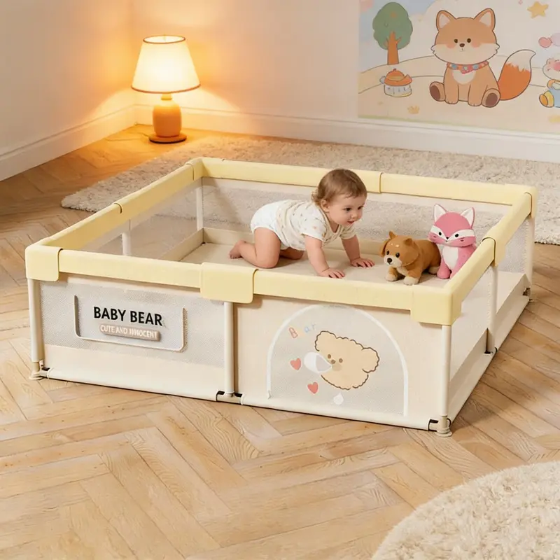 1.2 x 1.6 meters indoor baby playpen, with thickened sponge padding at the joints, enlarged suction cups on the bottom for a fall-prevention safety device,  a toddler crawling and walking playpen made of mesh fabric. Suitable for 6 months to 6 years old.