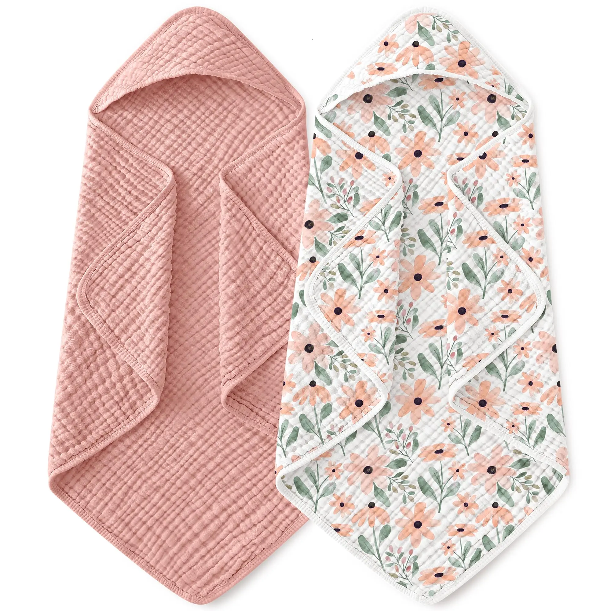 Yoofoss Hooded Bath Towels for Babies, 2-Pack 100% Muslin Cotton 32x32 in Soft & Absorbent for Newborns & Toddlers