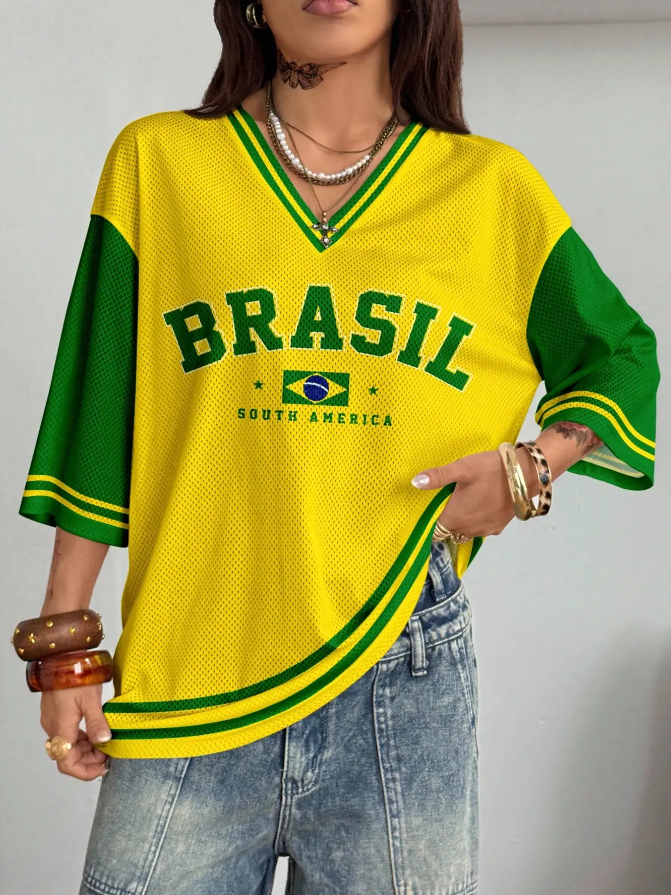 Women's Y2K Brazil Graphic Print Tee, Womenswear, Loose Oversized Fit, Short Sleeve Summer Casual Streetwear Top, T Shirts Tops, All-Season Wear, Without Zipper & Buttons