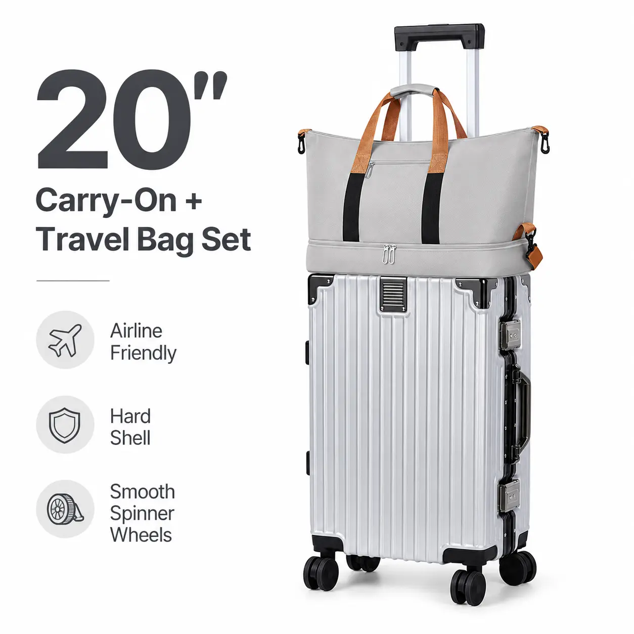 3-Piece PC Hardside Luggage Set with TSA Lock - 20In Carry On Luggage Spinner Suitcase, Durable Travel Backpack for Men (Beige)