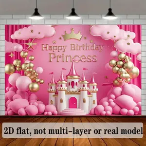 2D Flat Banner polyester photography backdrop, HD digitally printed soft lightweight foldable background cloth featuring a pink and gold castle, balloons, and crown, with "Happy Birthday " text, ideal for birthday parties, photo