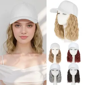 8in Synthetic Wig Hat With Natural Wave Hair Extensions Attached For Woman Baseball Cap Wig Mix Blonde Curly Wavy Hairstyle Adjustable White Red Hat Wig