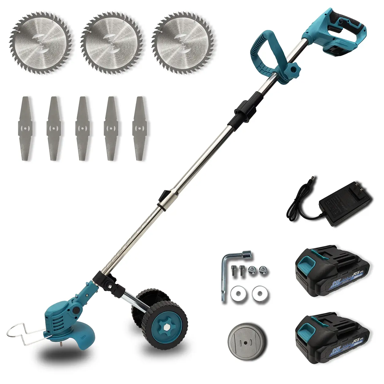 3-in-1 Cordless Weed Wacker with Wheels, Electric String Trimmer & Lawn Edger, Lightweight Weed Eater for Garden Care, Adjustable Handle & Telescopic Pole, Multiple Blades for Grass & Branch Trimming
