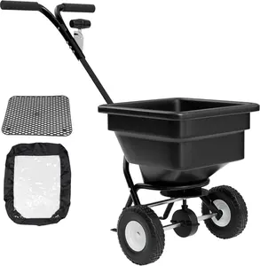 Fertilizer Spreader 100LB Capacity, Walk-Behind Push Broadcast Spreader with Hopper Screen & Rain Cover, 0–10FT Spreading Width, Seed & Salt Spreader, 12" Pneumatic Wheels, 30-Level Flow Control