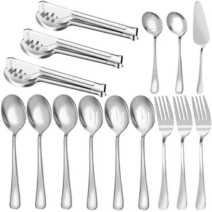 15 Pcs Stainless Steel Serving Utensils, Large Flatware Serving Tools Kit, Included Spoons, Forks, Tongs, Slotted Spoon, Ladle, Cake Server for Kitchen Catering Banquet Wedding Buffet Party, Silver