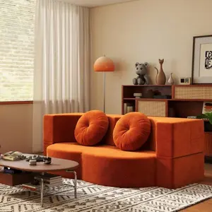 Bellemave Modern Floor Sofa with 2 Pillows Convertible Plush Corduroy Foam Filled Sleeper Sofa Bed 14.2 Full Size Folding Mattress for Living Room Guest Bed Grey Boneless Sectional Couch