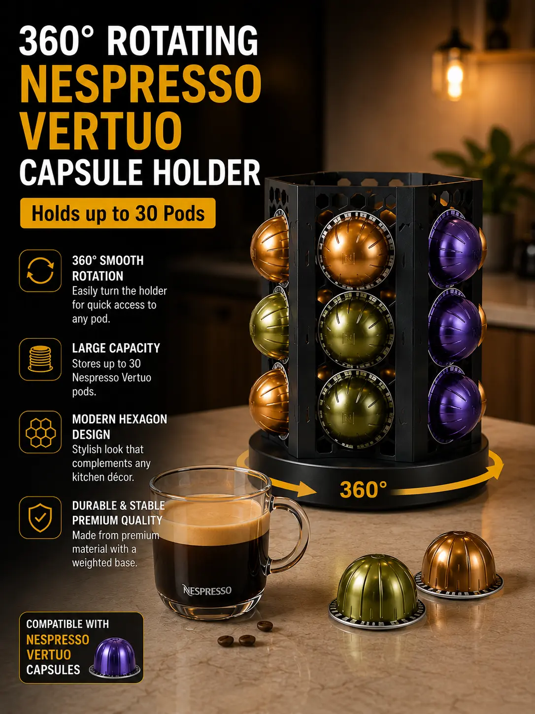 360° Rotating Nespresso Vertuo Capsule Holder, Coffee Pod Organizer, Holds Up to 30 Capsules