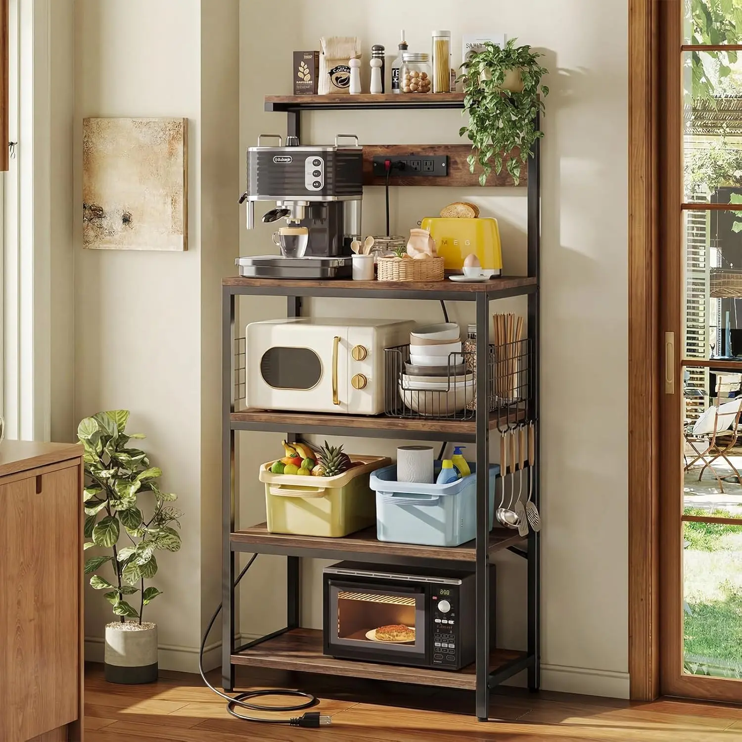 Kitchen Bakers Rack 4 Tier Coffee Bar Table With Power Outlet, 32 Inch Adjustable Storage Shelf Freestanding Microwave Stand