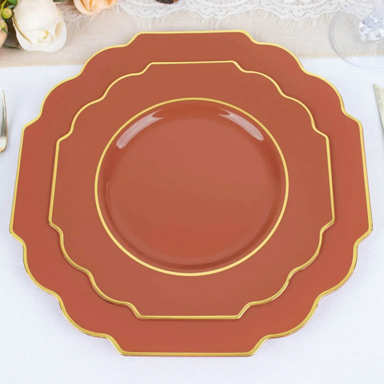 10-Pack 8" Disposable Plastic Terracotta (Rust) Baroque Dessert Plates - Heavy-Duty, Scalloped Gold Rim Appetizer Salad Plates for Weddings, Baby Shower, Birthday Party, Disposable Plates