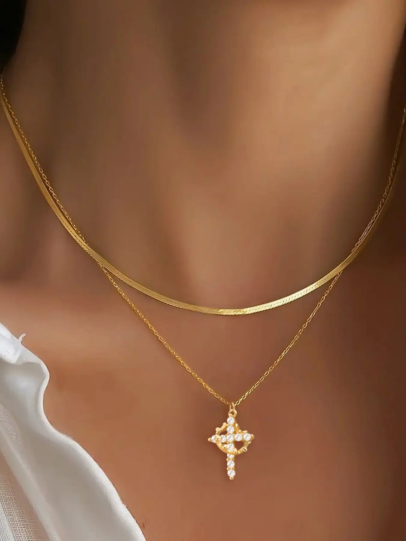 Women's Zircon Crown Cross Pendant Religious Necklace Set, Gold/silver Color Stainless Steel Snake Chain Multi-Layer Jewelry for Women
