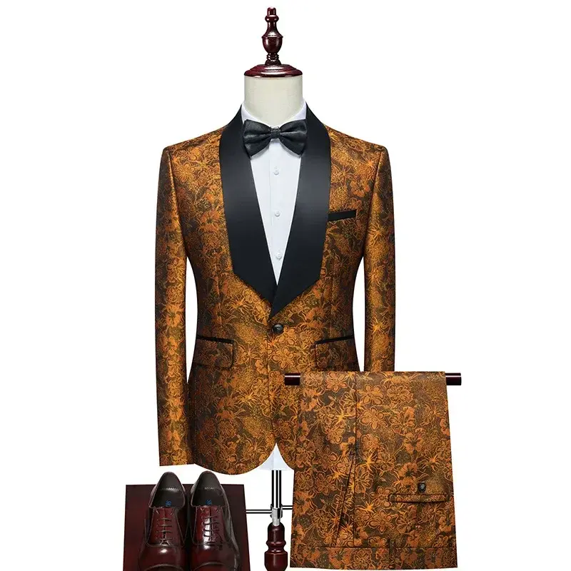 Men's Spring And Autumn New Printed Large Size Men's Stage Dress Suit Set Trendy Suit Two-Piece Set