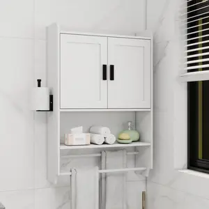 21.65*7.48*32.48 Inch White Wall-Mounted Storage Cabinet, Engineered Wood Floating Cabinet with Adjustable Shelves, Towel Bar and Paper Holder, 20 LBS Capacity for Bathroom Kitchen Laundry Room Entryway