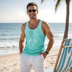 Men's Teal Gradient Striped Tank Top with Tropical Palm Tree Print - cbx-502, Polyester Blend, Soft-Fit Sleeveless Menswear for Summer Vacation