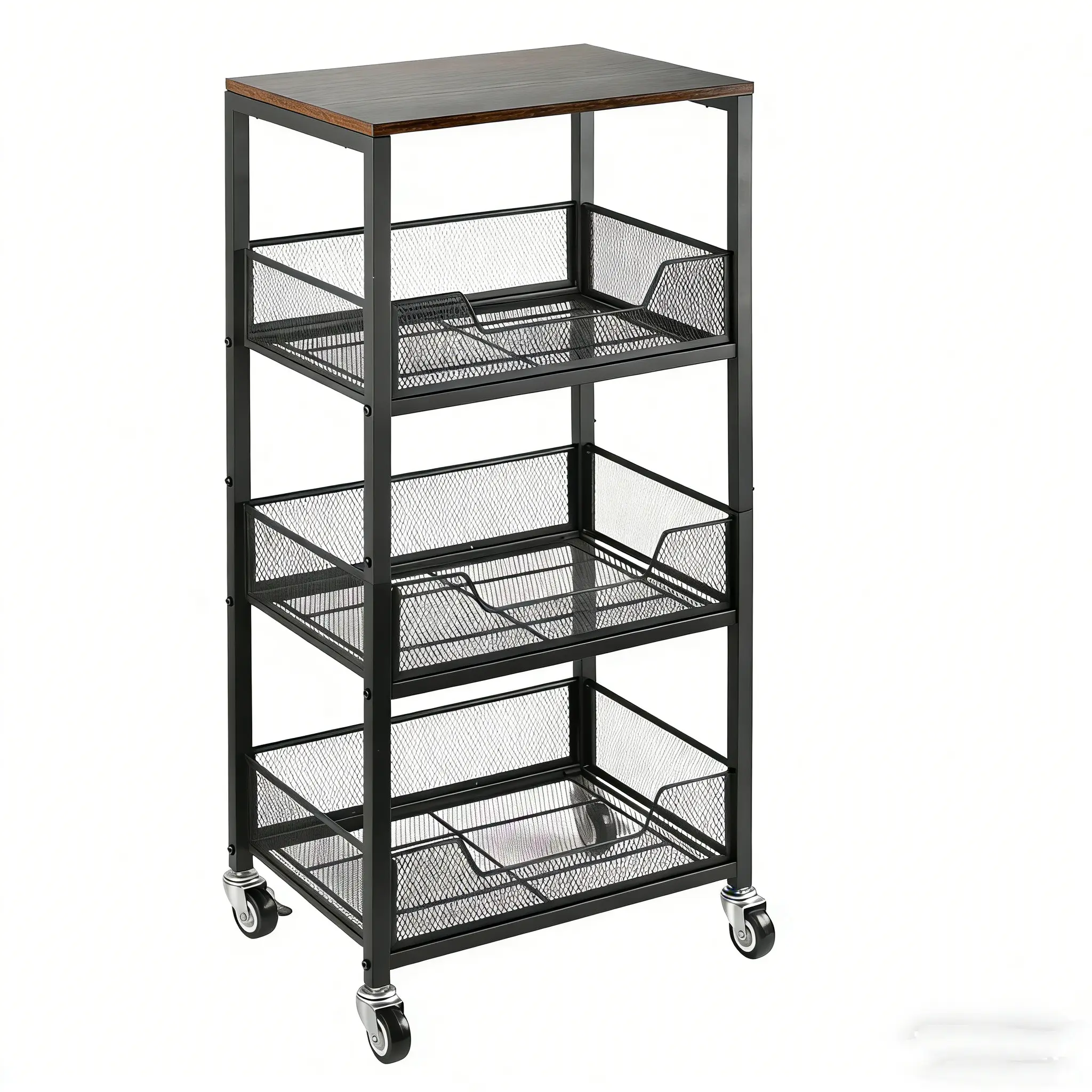 Mobile fruit and vegetable storage rack, four-tier storage cart with wheels, wooden countertop, and metal storage frame.