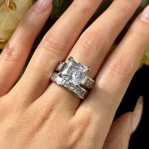 JJ CHIC Two-Piece Square Ring Set for Women Princess Cut Deluxe CZ Ring Ideal for Engagement Wedding Personal Statement Jewelry or Gift Micro Pave Cubic Zirconia Stones Cubic Zirconia