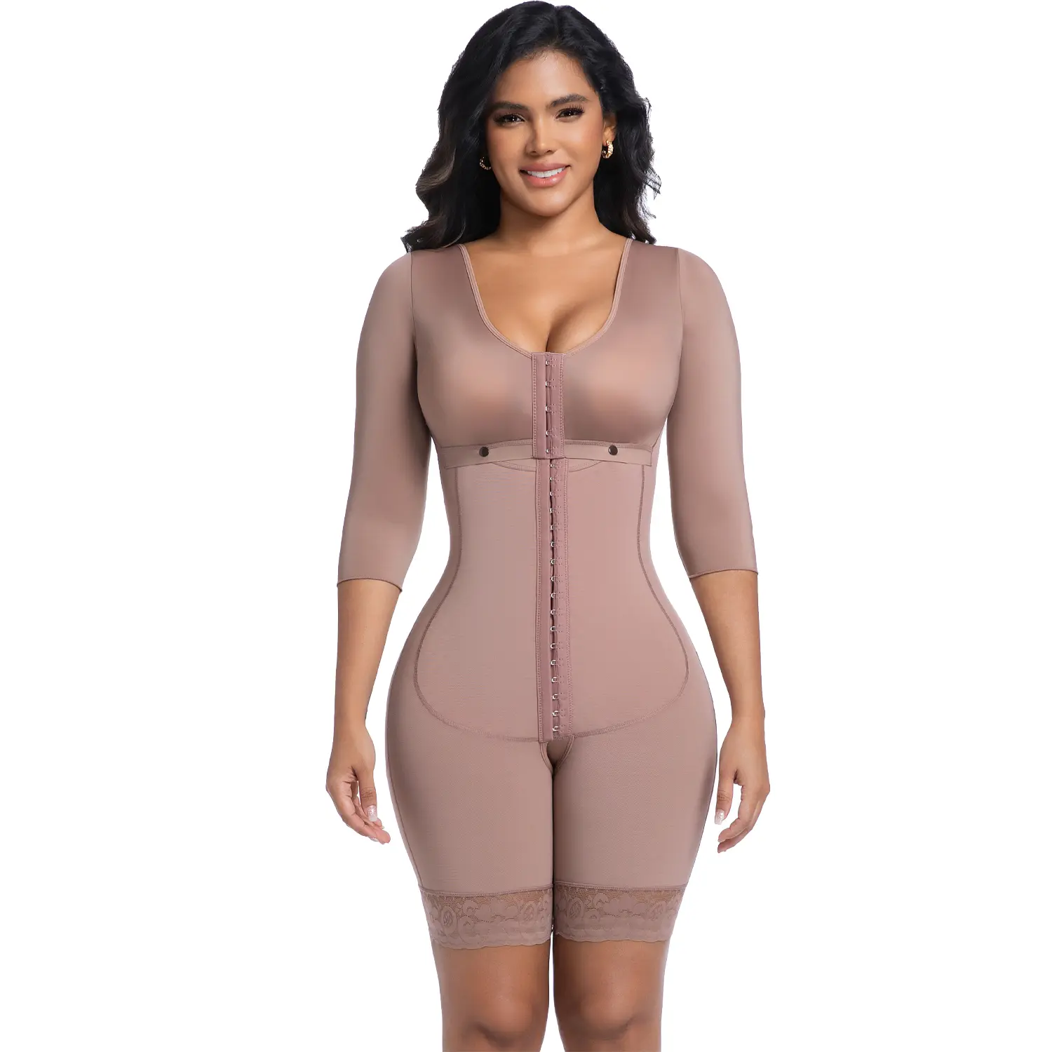 Women's Long-Sleeved Bodysuit Shapewear, Chic Lady Basic Elegant Design, Front 3-Row Integrated Buttons, Crotch Opening, Hip-Lifting Lace, Anti-Chest Button, 3D Support Elastic Hip Fabric, Non-Slip Lace Leg Straps, No Displacement