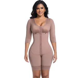 1 long sleeved women's shapewear with integrated buttons in the front three rows | crotch opening | hip lifting lace anti chest button design, 3D support elastic fabric on the hips, lace non slip straps on the legs, no displacement