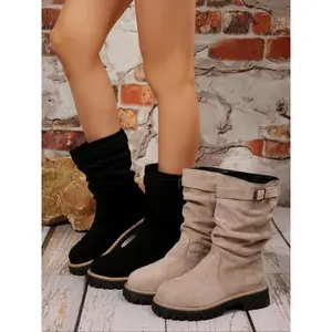 Women’s mid-calf boots with crinkle leather buckle design, wide ankle platform, denim style, handmade nicks boots, casual fashion, ruched boot