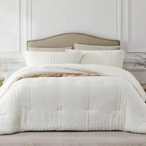 Beige King Comforter Set - 3 Pieces Seersucker Lightweight Bedding Comforter Sets (1 Soft Comforter & 2 Pillowcases) - All Cozy Farmhouse Bed Sets for Men
