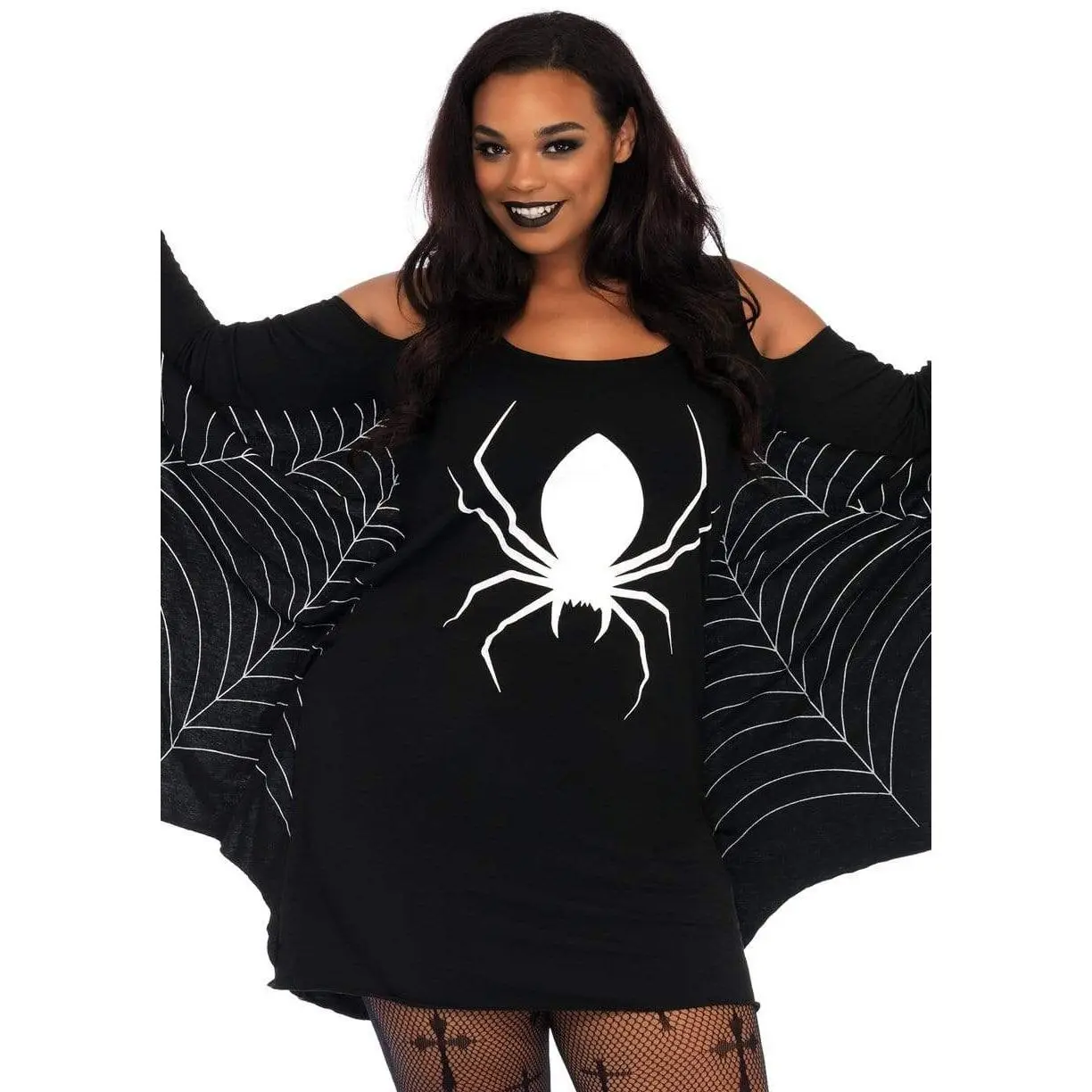 Plus-Size Halloween Costume Dress for Women, Stretchy Jersey Spider Web Bell Dress with Cold Shoulder Long Sleeves and Web Wings, Accessories