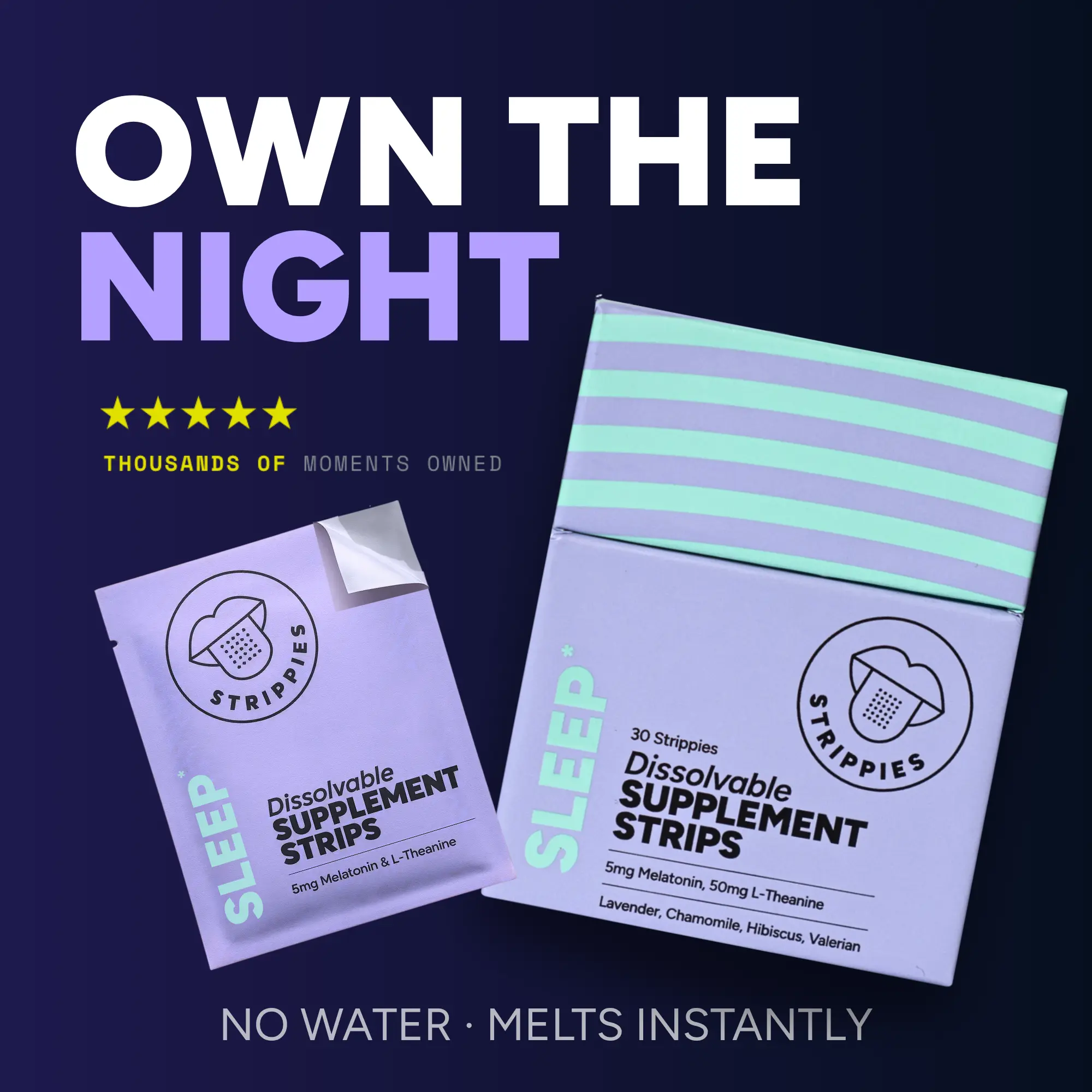 Strippies SLEEP Strips | 5mg Melatonin + Valerian + L-Theanine | Fast Melt Sleep Strips | Fast-Acting, Clean Ingredients, No Pills (30 Strips) Nighttime Supplements