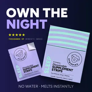 Strippies SLEEP Strips | 5mg Melatonin + Valerian + L-Theanine | Fast Melt Sleep Strips | Fast-Acting, Clean Ingredients, No Pills (30 Strips) Nighttime Supplements