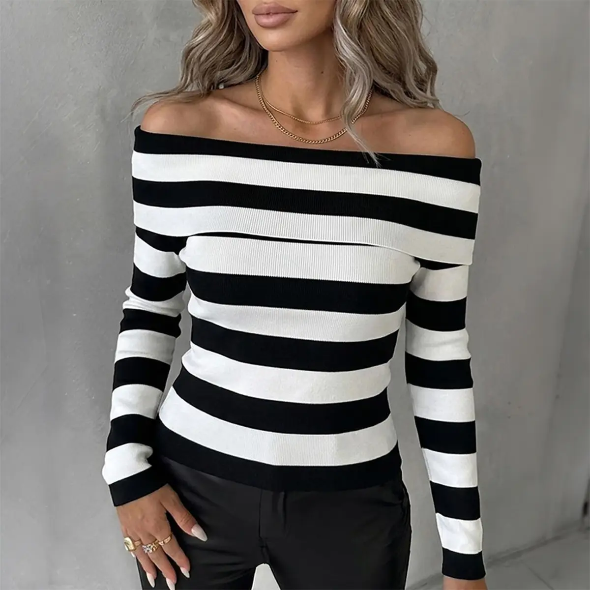 CHICME Women's Striped Off Shoulder Long Sleeve Knit Sweater Slim Fit Pullover Top