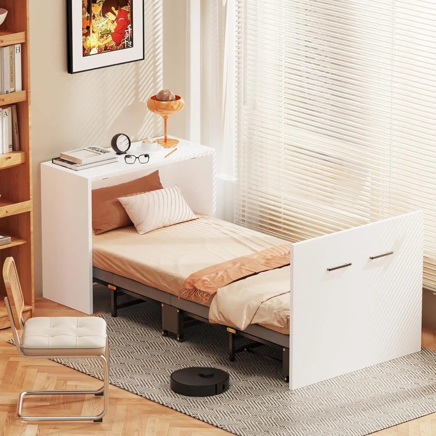 Narrow Twin Murphy Bed with Mattress Included Hideaway Cabinet Tri-Fold Walnut White Foldable Space-Saving Farmhouse Design Easy Assembly Silent Wheels