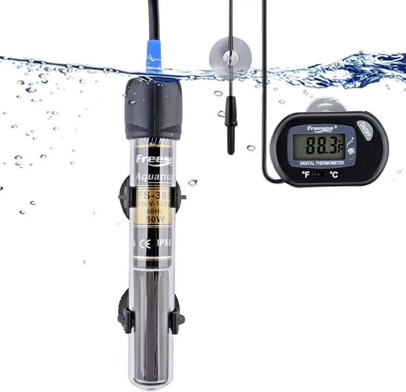FREESEA 50 Watt Aquarium Submersible Betta Heater with Aquarium Submersible Thermometer Marine Aquarium Heater with LED Controller Submersible Quartz Submersible Aquarium Super Mini Adjustable Aquarium Adjustable USB Stainless Steel