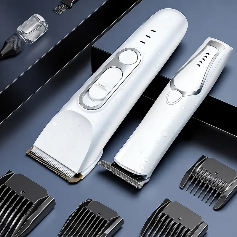 Electric Pet Grooming Clippers - 3-in-1 Functional Set Grooming Trimming Tool, 2 Trimmers, 15 Accessories, Positioning Combs, 5800 RPM High-Speed Motor, Rechargeable Battery, Durable Plastic Body, Waterproof, Paw-Trim Ready for Beauty or Hair Care