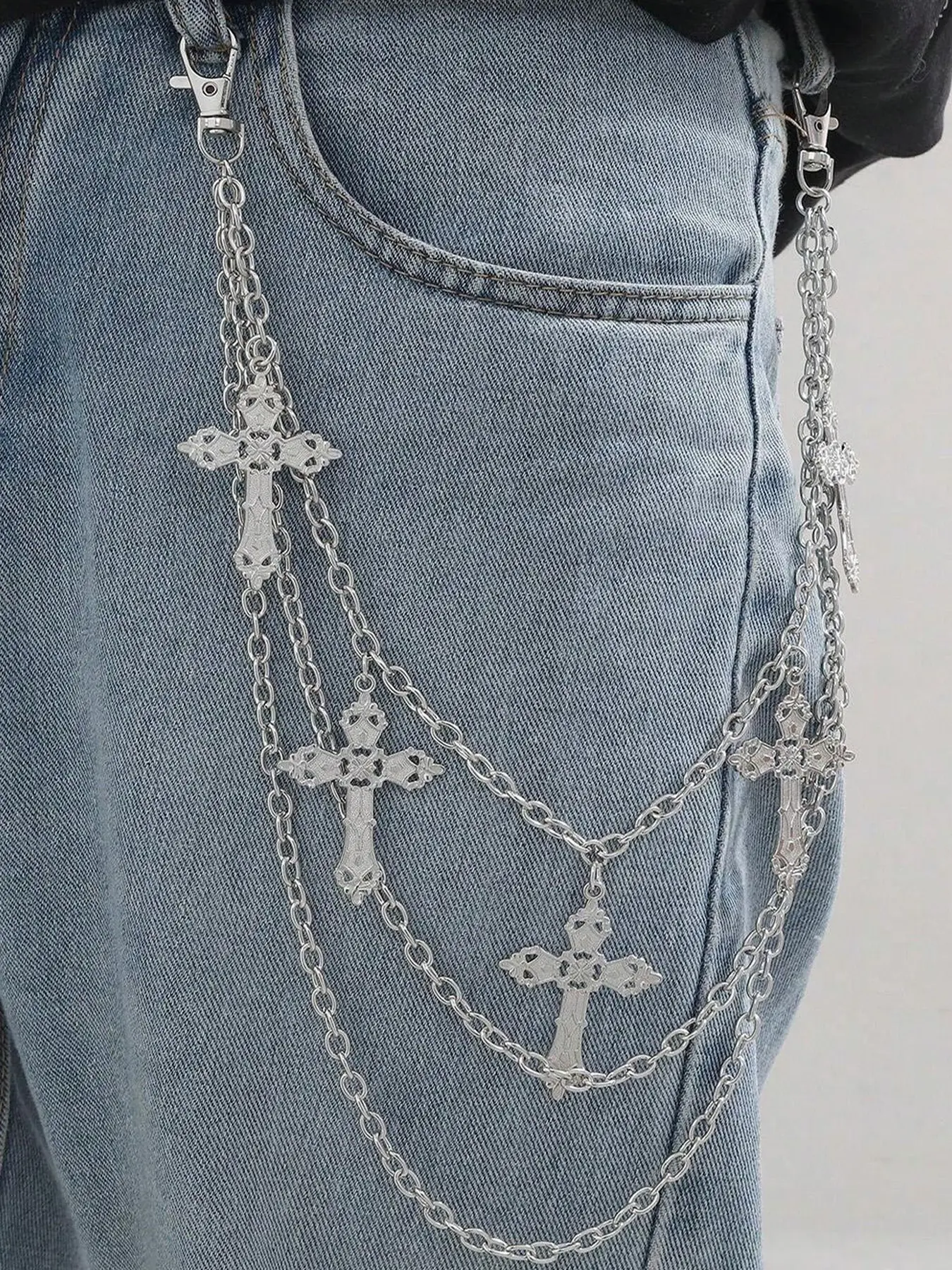 Y2K Cross Pants Chain Jeans for Women & Men, Pocket Chain Design, Layered Biker Hip Punk Style, Silver Color Light Weight, Festivals Concerts, Accessories for Men, Chains For Pants, Bling Chain